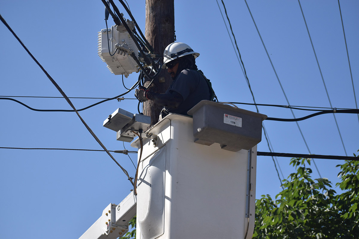 Lineman working in a bucket lift