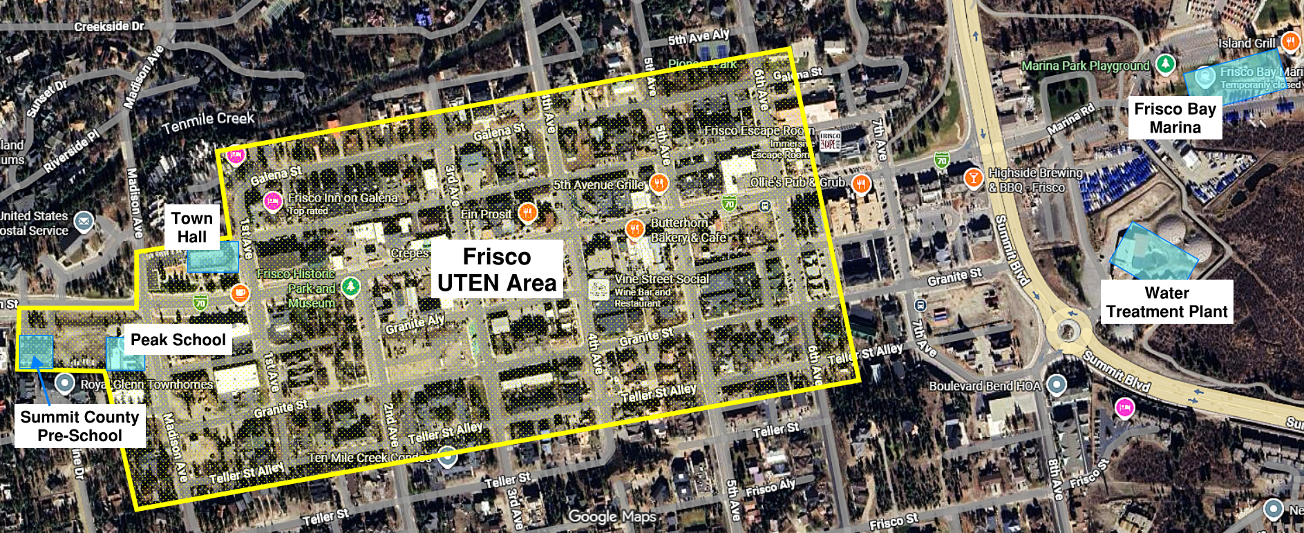 Map of Frisco UTEN area encompasing the area from Galana Street to Teller Street and Madison Avenue to 6th Avenue but also including the Summit County Pre-school.
